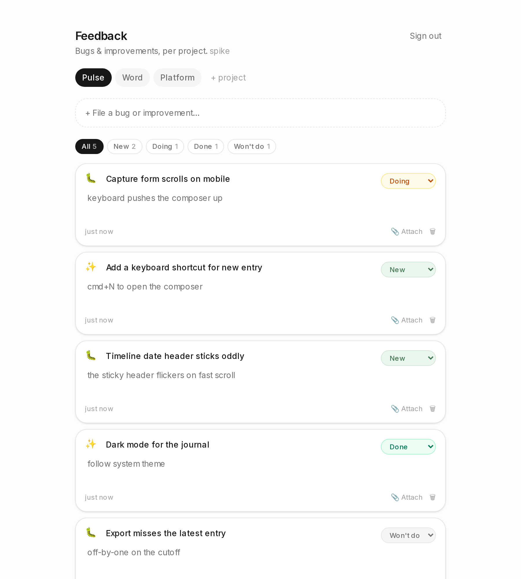 The feedback tracker — items per project, with status